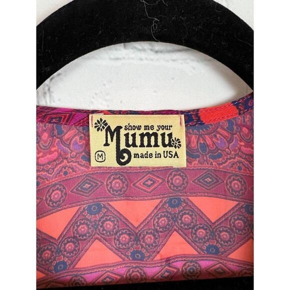 SHOW ME YOUR MUMU orange pink red semi-sheer oversized V-neck blouse top M - Picture 2 of 6